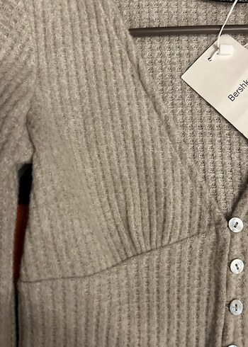 Bej V Yaka Mini Triko Hırka - Görsel 3