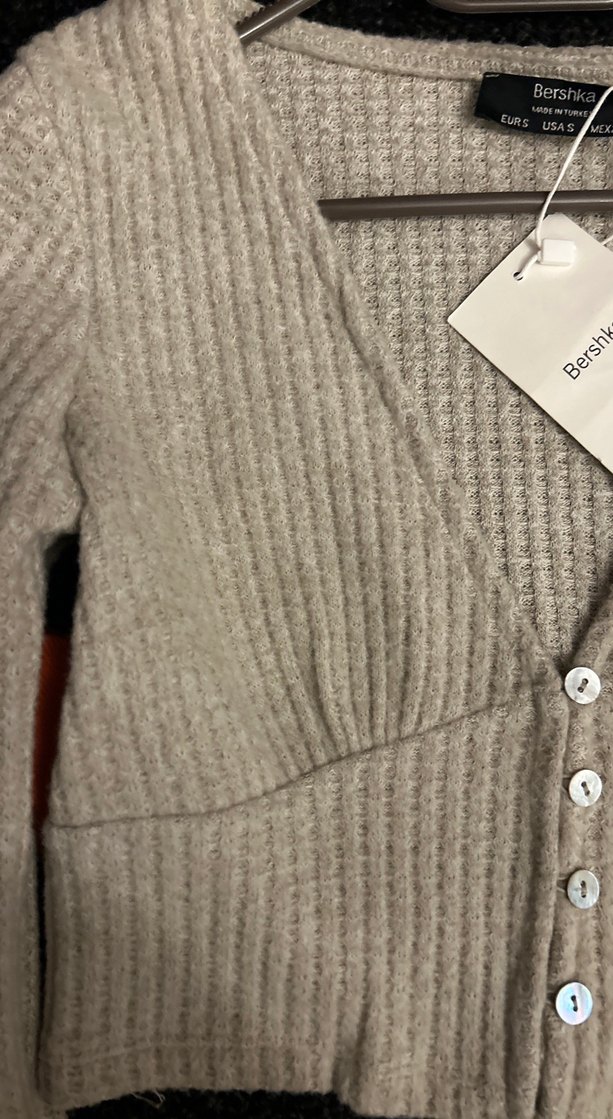 Bej V Yaka Mini Triko Hırka - Görsel 3