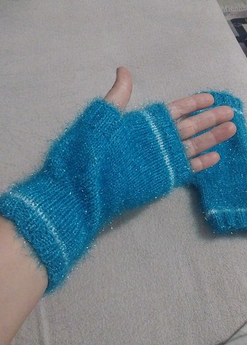 Mavi Örgü Parmaksız Kadın Eldiveni - Görsel 4