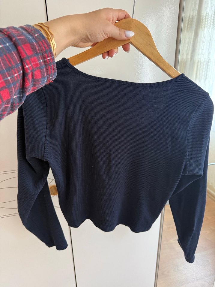 Kadın Lacivert Uzun Kollu Crop Top - Görsel 3