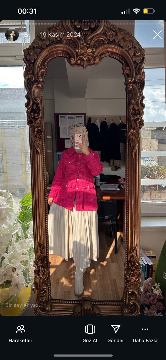 Düğmeli Pembe Kadın Uzun Tüvit Ceket - Görsel 2