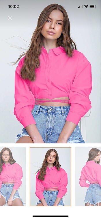 Kadın Fuşya Bağcıklı Crop Poplin Gömlek