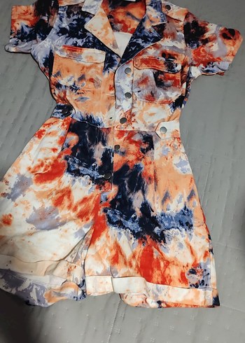 Kadın Çok Renkli Batik Desenli Kısa Tulum - Görsel 3