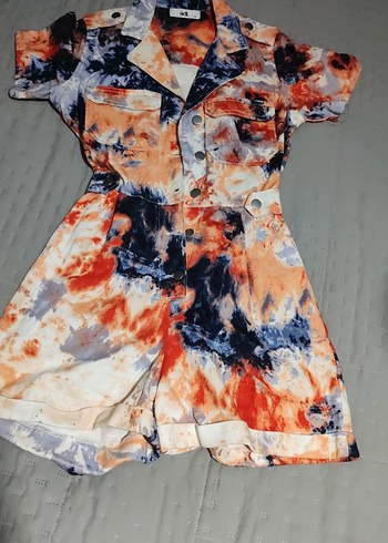 Kadın Çok Renkli Batik Desenli Kısa Tulum - Görsel 2