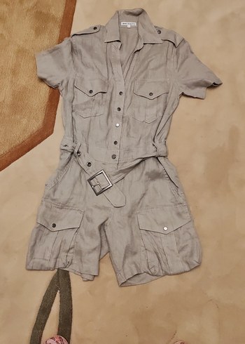 Kemerli Bej Keten Mini Tulum - Görsel 3