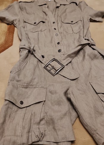 Kemerli Bej Keten Mini Tulum - Görsel 4