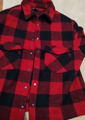 Kadın Kırmızı Kareli Düğmeli Gömlek kışlık - Görsel 3