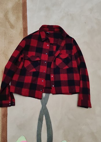 Kadın Kırmızı Kareli Düğmeli Gömlek kışlık - Görsel 2