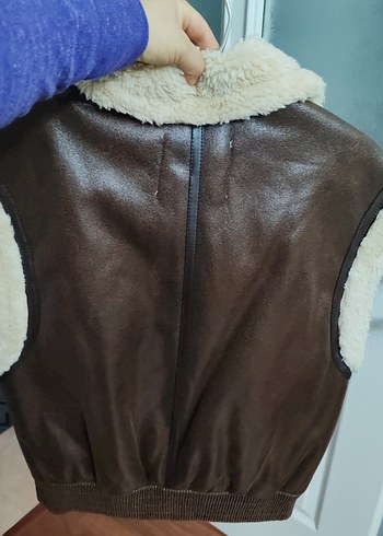 Kürk Detaylı Kahverengi Deri Kolsuz Ceket - Görsel 6