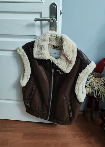 Kürk Detaylı Kahverengi Deri Kolsuz Ceket - Görsel 2