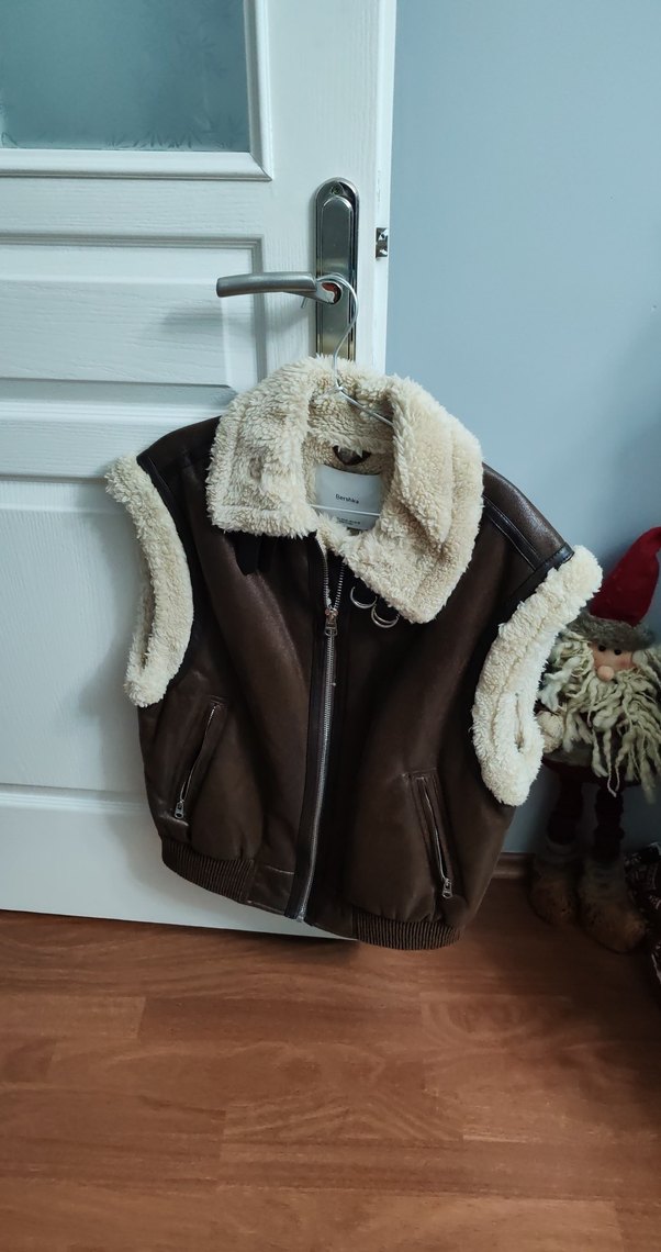 Kürk Detaylı Kahverengi Deri Kolsuz Ceket - Görsel 2