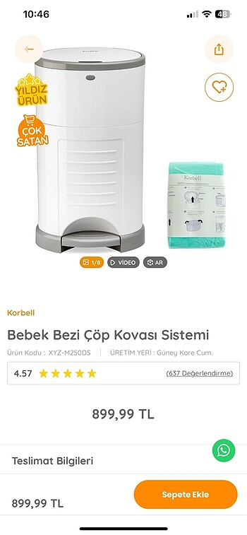  Beden Korbell Bebek Bezi Çöp Kovası