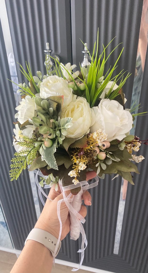 Dantel Detaylı Beyaz Bohem Gelin Buketi - Görsel 3