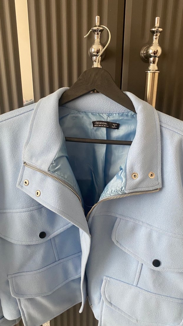 Düğmeli, Uzun Kollu Mavi Kadın Ceket - Görsel 4