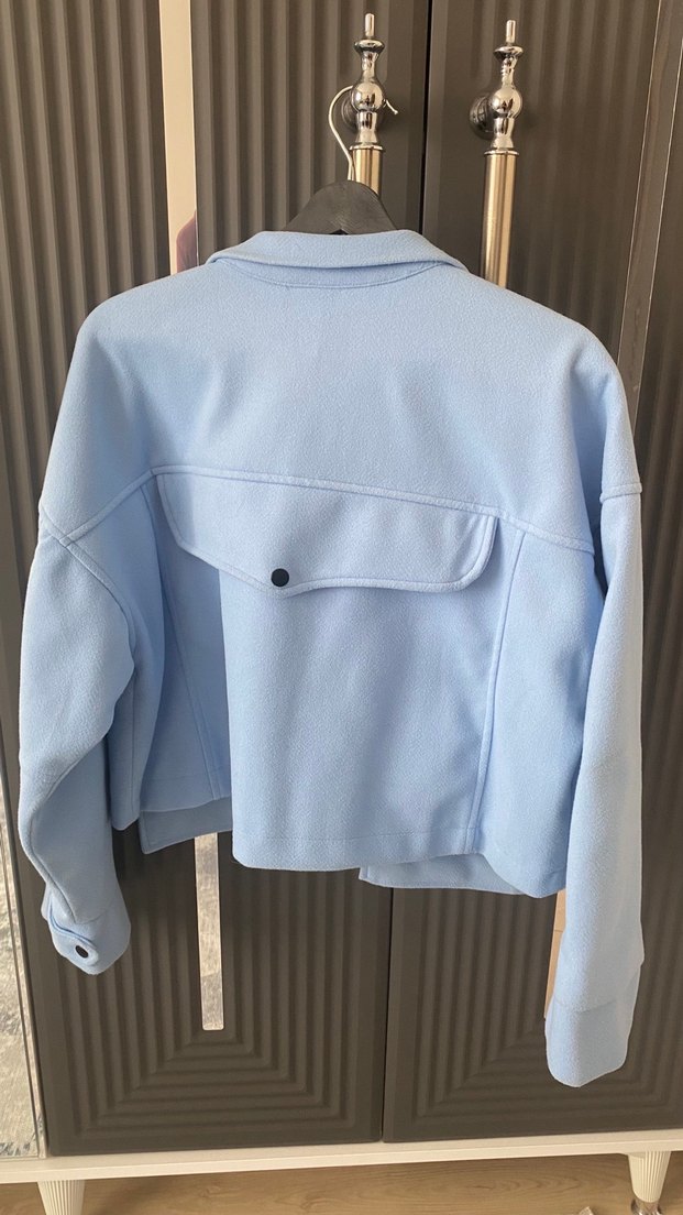 Düğmeli, Uzun Kollu Mavi Kadın Ceket - Görsel 3