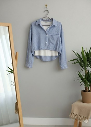 Diğer Düğmeli Mavi Çizgili Denim Kadın Gömlek