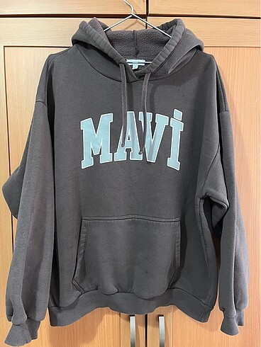 Mavi logo baskılı kapüşonlu kahverengi Sweatshirt
