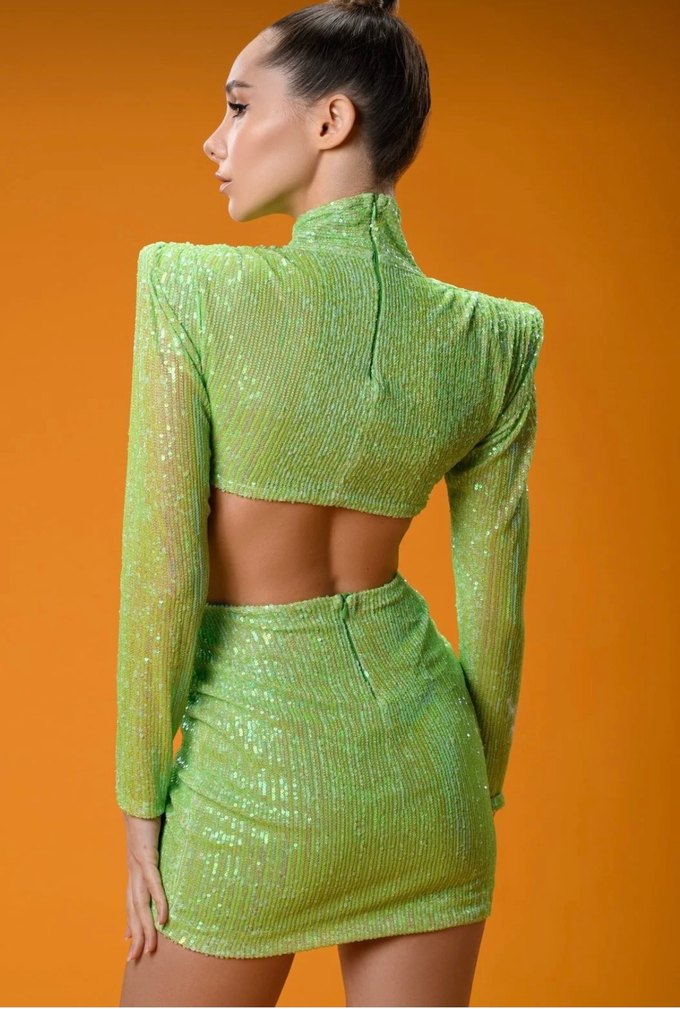 Yeşil Parlak Desenli Mini Abiye Elbise - Görsel 2