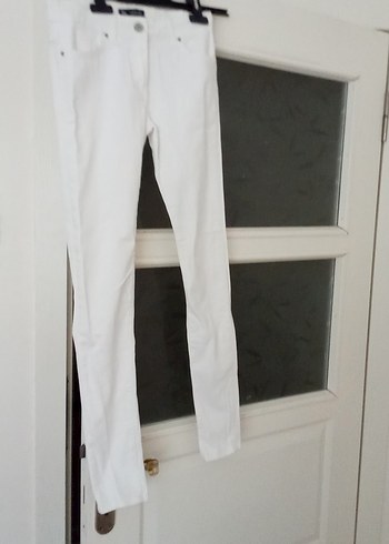 Beyaz Kadın Keten Kemerli Pantolon - Görsel 2