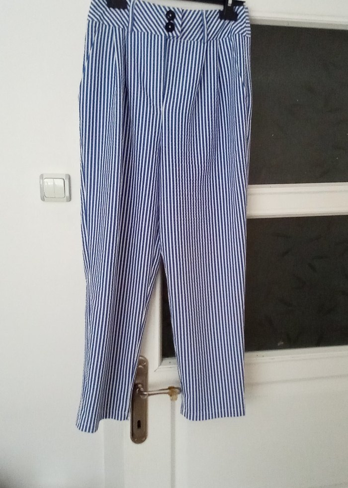 Mavi Çizgili Kadın Regular Fit Midi Pantolon - Görsel 2