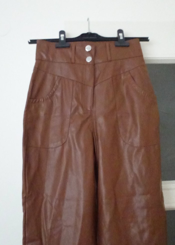 Kahverengi Deri Kemerli Midi Kadın Pantolon - Görsel 4