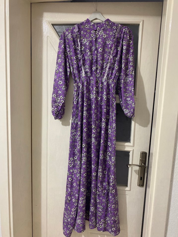 Uzun Mor Bohem Çiçekli Elbise - Görsel 3