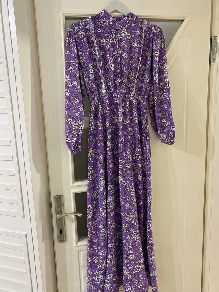 Uzun Mor Bohem Çiçekli Elbise - Görsel 2