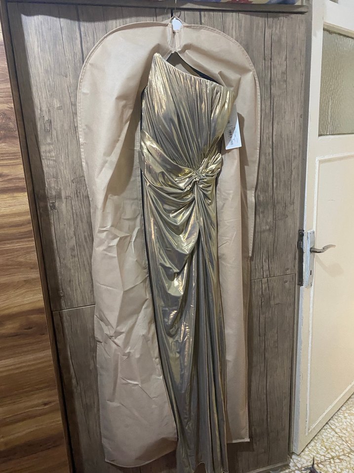 Parlak Altın Drapeli Straplez Abiye Elbise - Görsel 2