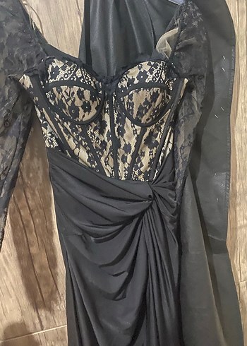 Uzun Kollu Straplez Siyah Gotik Abiye Elbise - Görsel 7