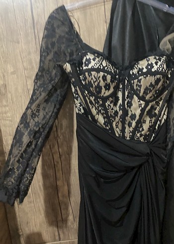 Uzun Kollu Straplez Siyah Gotik Abiye Elbise - Görsel 6