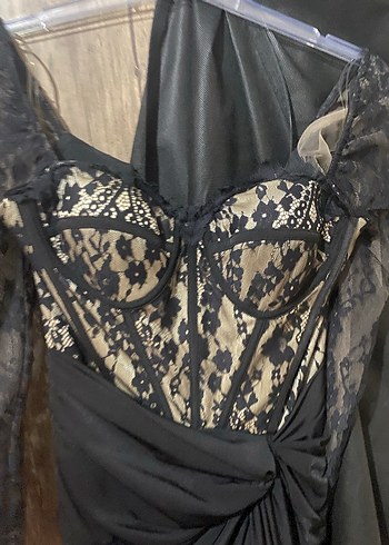 Uzun Kollu Straplez Siyah Gotik Abiye Elbise - Görsel 5