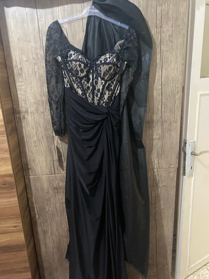 Uzun Kollu Straplez Siyah Gotik Abiye Elbise - Görsel 2