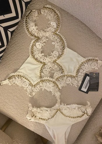 Nakışlı Beyaz Bohem Vintage mayokini - Görsel 2