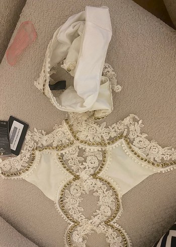 Nakışlı Beyaz Bohem Vintage mayokini - Görsel 8