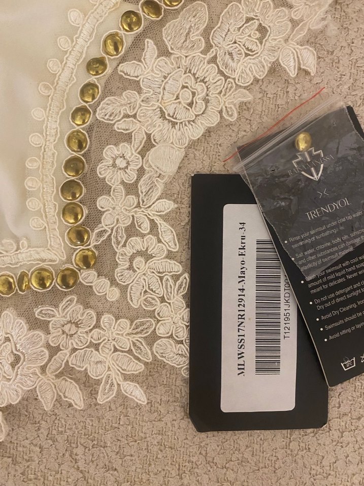 Nakışlı Beyaz Bohem Vintage mayokini - Görsel 4