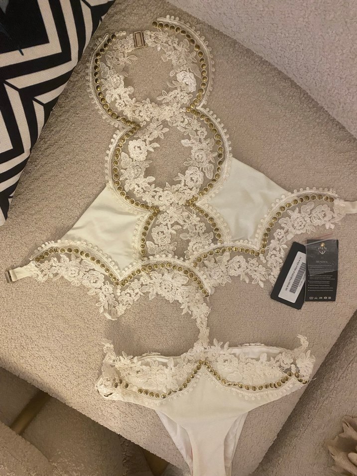 Nakışlı Beyaz Bohem Vintage mayokini - Görsel 2