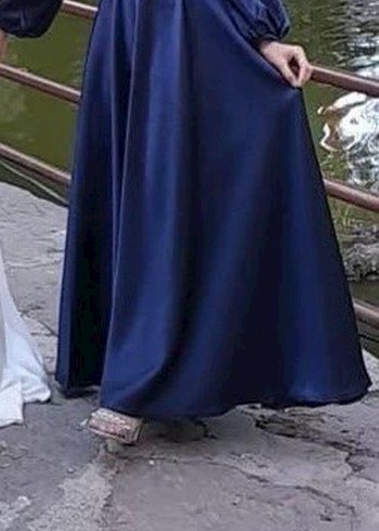 Mavi Uzun Drapeli Kadın Abiye Elbise