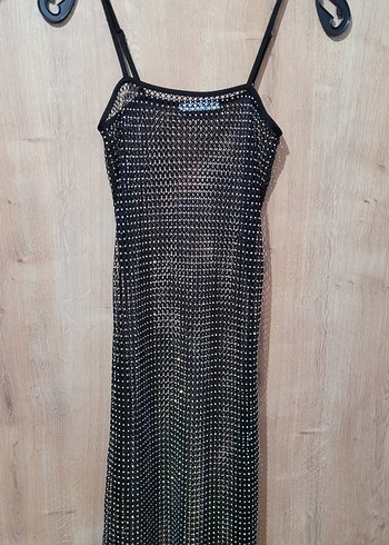 Bershka Siyah taş İşlemeli Uzun Askılı Abiye Elbise - Görsel 3