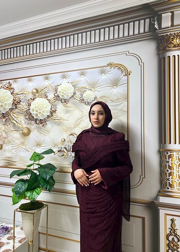 Bordo İşlemeli Uzun Kadın abiye - Görsel 4