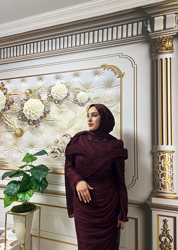 Bordo İşlemeli Uzun Kadın abiye - Görsel 5