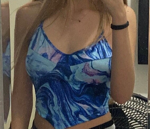 Sheinside Boyundan bağlamalı mavi crop