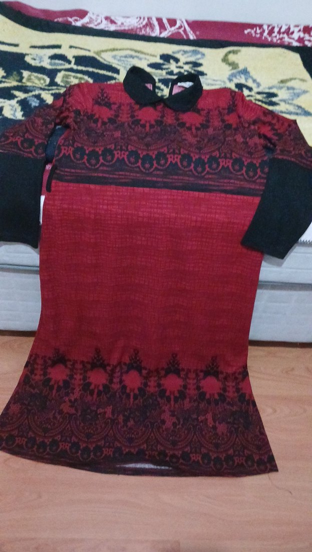 Bordo Uzun Kol Drapeli Kadın Elbise - Görsel 3