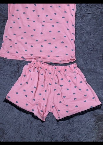 l Beden pembe Renk Pembe Desenli Kısa Kadın Pijama Takımı