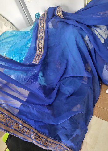 SAKS MAVİ ŞİFON HİNDİSTAN SARİ İKİLİ TAKIM UZUN. - Görsel 6