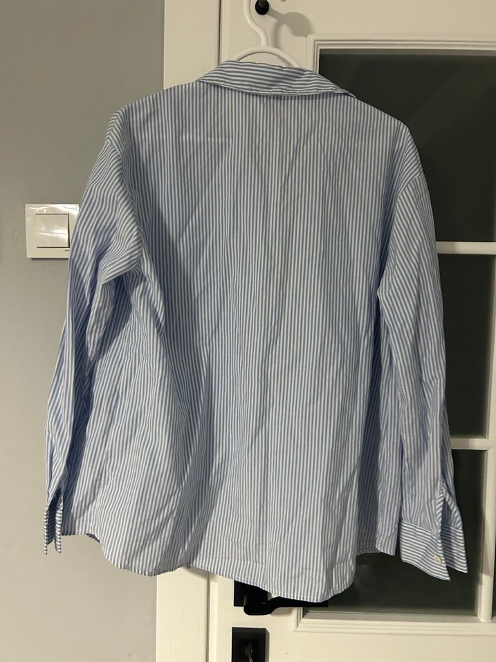 Düğmeli Çizgili Kadın Keten Gömlek - Görsel 2