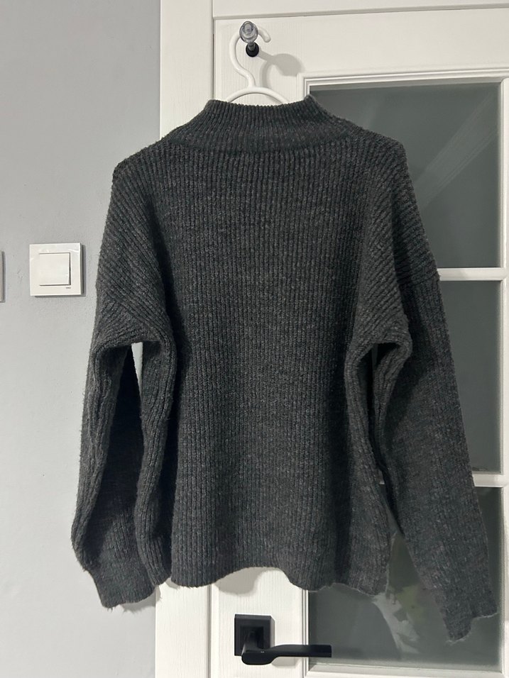 Gri Yarım Fermuarlı Yün Örgü Kazak - Görsel 2