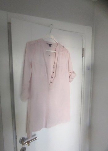 Pembe V Yaka Düğmeli Keten Midi Gömlek