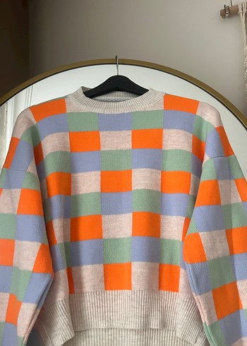 Renkli Kareli Örgü Kadın Kazak - Görsel 2