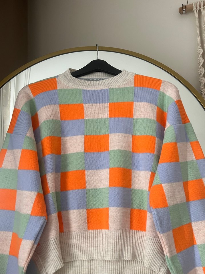 Renkli Kareli Örgü Kadın Kazak - Görsel 2