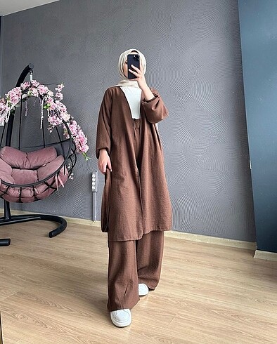 Kimono Takım Kahve ve krem pantolon 2 adet kıyafet